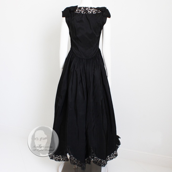 Vintage 40s Party Dress Black Taffeta with Scalloped Lace Hem Irving Detroit - Picture 12 of 14